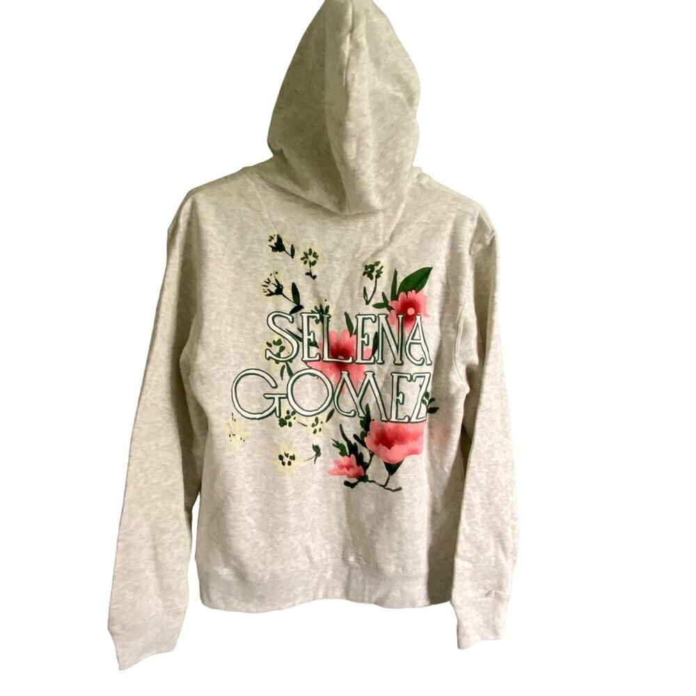 Selena Gomez Women's Zip-Up Hoodie Gray Floral Back Print Medium NEW NWT